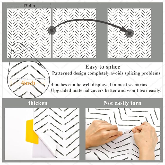 Rugreat Black Herringbone Peel and Stick Wallpaper Modern 393inL17.3inW | Stripe Contact Paper for Cabinets Neutral Self Adhesive Removable Wallpaper for Bedroom Bathroom Waterproof Black and White