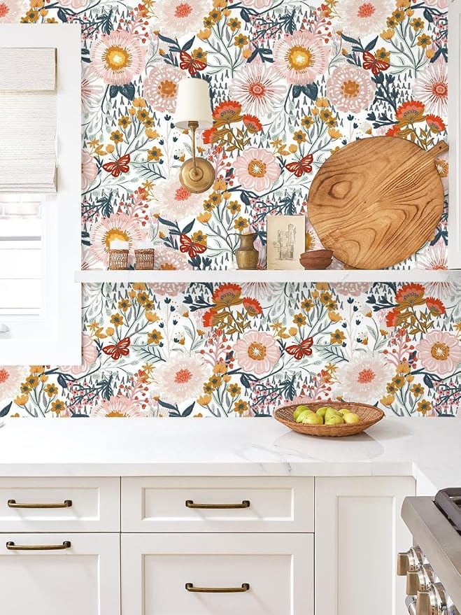 Dimoon Floral Wallpaper Peel and Stick Wallpaper Boho Retro Contact Paper 17.3''x78.7'' White Bohemian Vintage Removable Wall Paper Renter Friendly Waterproof Wall Mural Bedroom Bathroom Vinyl