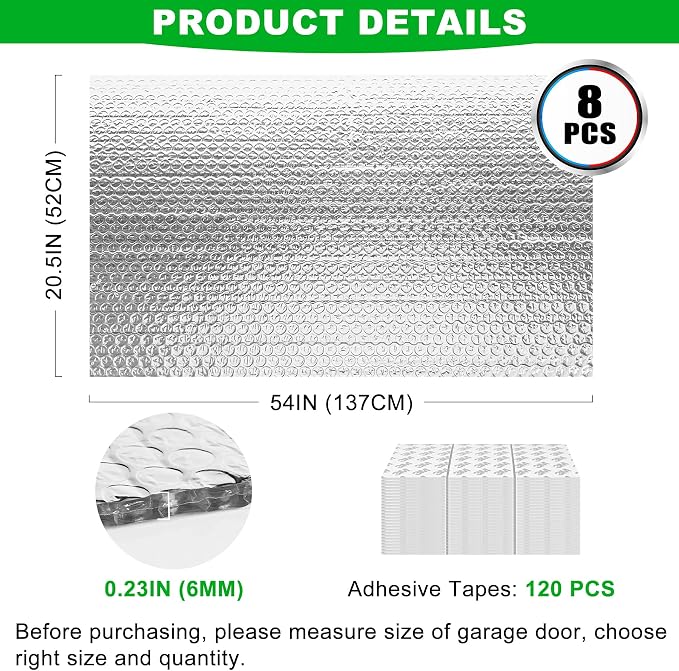 8P Garage Door Insulation Kit Panels 6MM 9x6.8 FT for Single Garage Door, Pre-Cut Bubble Reflective Aluminum Foil 120 Tape, DIY Install Temperature Control Block Summer Heat & Winter Cold (20.5x54)