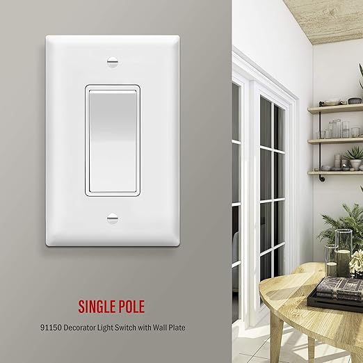 ENERLITES Decorator Light Switch, Single Pole, 15A 120-277V, Grounding Screw, Residential Grade, UL Listed, 91150-WMWP-10PCS, White with Mid-Size Wall Plates, 10 Pack