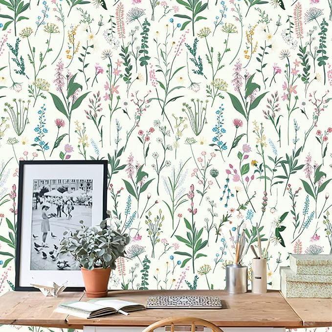17.3'' x 393.7" Floral Peel and Stick Wallpaper Vinyl Wallpaper Flower Vintage Vinyl Peel and Stick Wall Paper for Kitchen Cabinet Furniture Renter Friendly (Covers 47.4 Sq Ft)