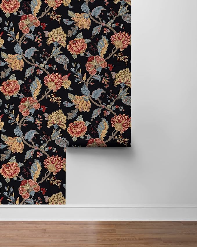 NextWall Kianna Jacobean Floral Peel and Stick Wallpaper (Ebony)