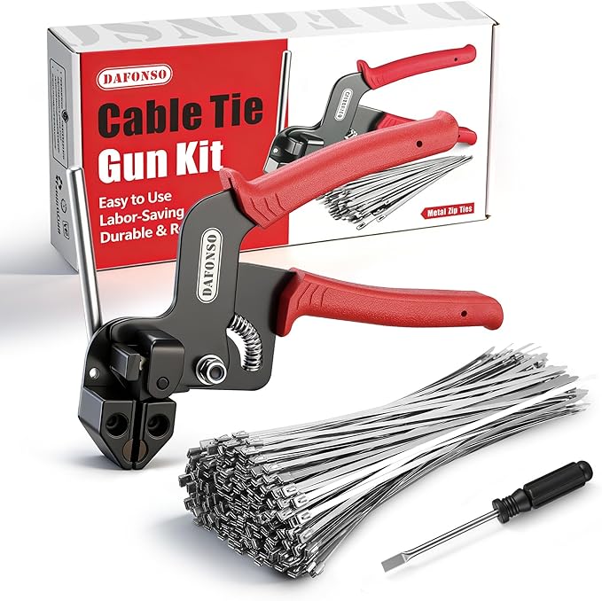 112-Piece Cable Tie Gun Kit, 11.8 Inch 304 Stainless Steel Zip Ties | Includes 110 Metal Zip Ties and Release Tool; Gun Tightens and Cuts for Fence, Exhaust Pipe, Chicken Coop, Farm and Cables