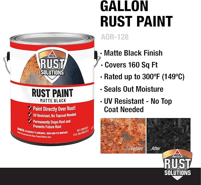 AGS RUST SOLUTIONS Apply Over Rust Paint, Matte Black Finish, 1 Gallon, Ideal for Paint Car Rust, Home, Shop and Farm, No Top Coat Necessary, UV Protection Paint (Pack of 3)