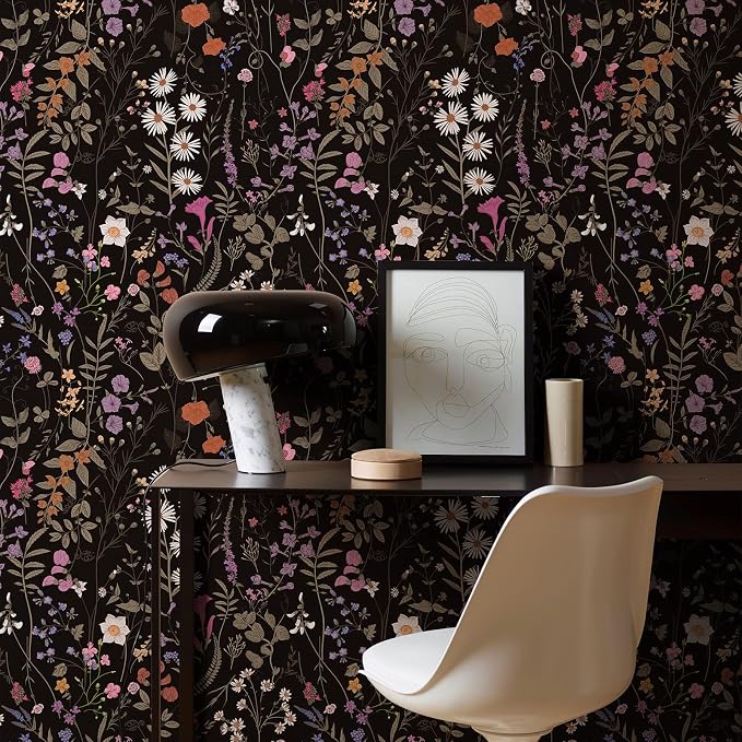 Wallpaper Self-Adhesive Blooming Vintage Colourful Flowers WallPaper for Bedroom Living Room Cabinet, Peel and Stick Black Sketch Little Flowers Wall Paper Mural 14.2 sq. feet (118.1"x17.3", Black)