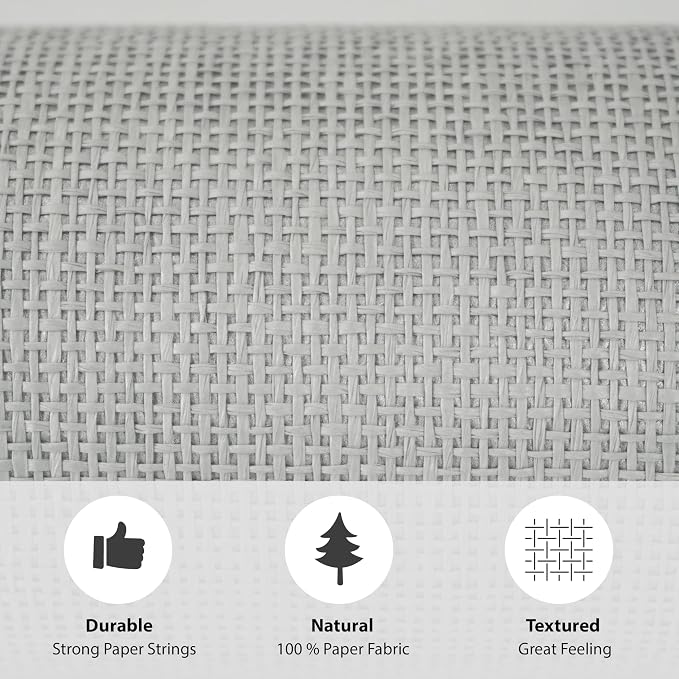 Ansehan Grasscloth Textured Wallcovering W703 Terraces Collection 36" W x 8 Yard L, Natural Modern Paper Weave, Non Prepasted Home Décor for Living Sapce Feature Wall, Grey/Ivory/Silver Backing