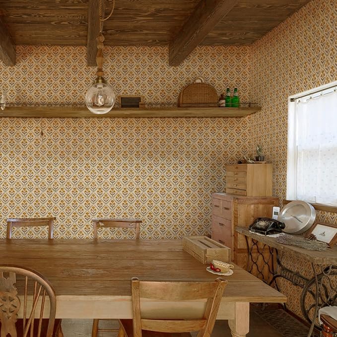 Dimoon 17.3''x197'' Peel and Stick Wallpaper Floral Cute Contact Paper Vintage Village Country Cottage Wallpaper Farmhouse Yellow Beige Renter Friendly Geometry Waterproof Embossed Kitchen Bedroom