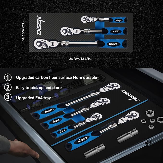 DISEN 3-Piece Extendable Flex-Head Ratchet Wrench Set with EVA Storage Case - 1/4", 3/8", 1/2" Drive, 72-Tooth, Rubber Grip, Adjustable Length - Professional Automotive and DIY Tools