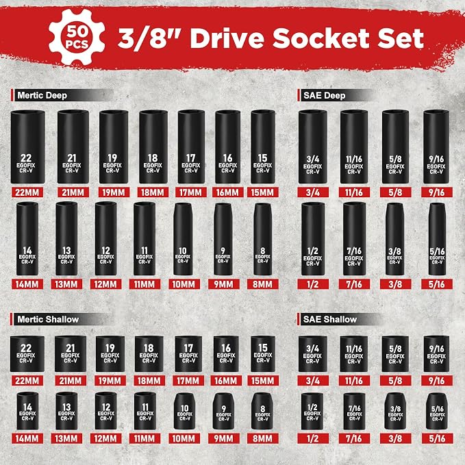 3/8" Drive Impact Socket Set, 50 Piece Standard SAE (5/16 to 3/4 inch) and Metric (8-22mm) 6 Point, with Adjustable Ratchet Handle, Extension Bars, Impact Universal Joint, Adapter, Cr-V Steel