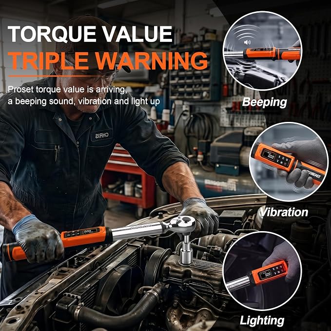coobeast 3/8 Drive Digital Torque Wrench(1.5-99.5 Ft-lbs./2-135Nm) | Preset Value Torque Wrench with ±2% accuracy, Buzzer and LED Flash Five Units of Measure for Motorcycle, Auto Repair
