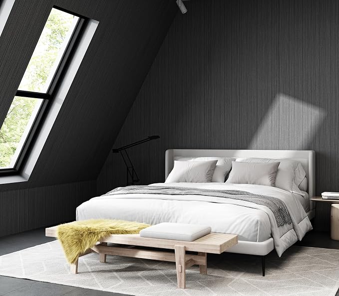 Black Grasscloth Wallpaper Peel and Stick Fabric Linen Textured 24"x394" Classic Faux Grassweave Upgraded Thick Self-Adhesive Neutral Contact Paper Vinyl Film Liner Roll for Home Use