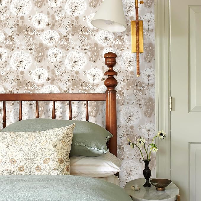 Nukofal Floral Peel and Stick Wallpaper Dandelion Wallpaper Floral Contact Paper 16.9"x393.7" Vintage Brown Wall Paper Peel and Stick Boho Self Adhesive Removable for Cabinet Bedroom Decor Vinyl