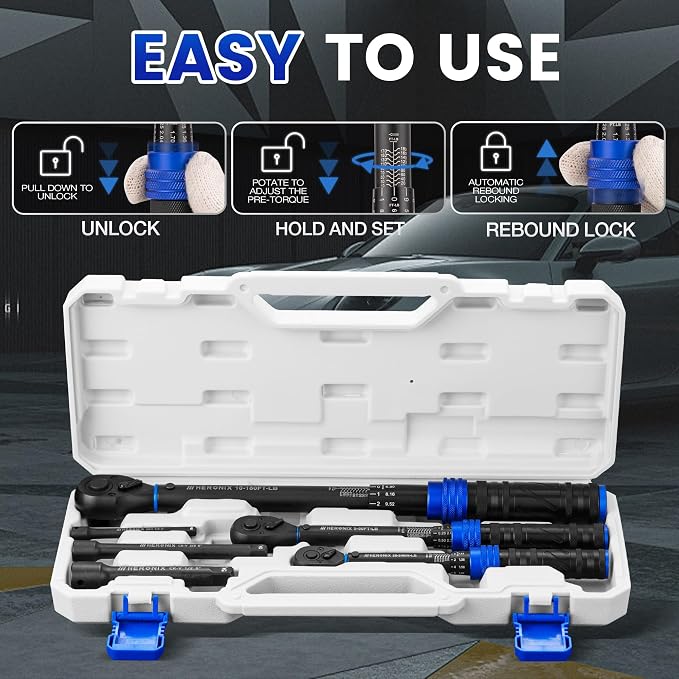 6PCS Click Torque Wrench Set, 1/4" 3/8" 1/2" Drive (20-240 in.lb, 5-50 ft.lb, 10-180 ft.lb), 72-Tooth Ratchet with 4", 5", 6" Extension Bars for Auto, Bicycle & Motorcycle Maintenance