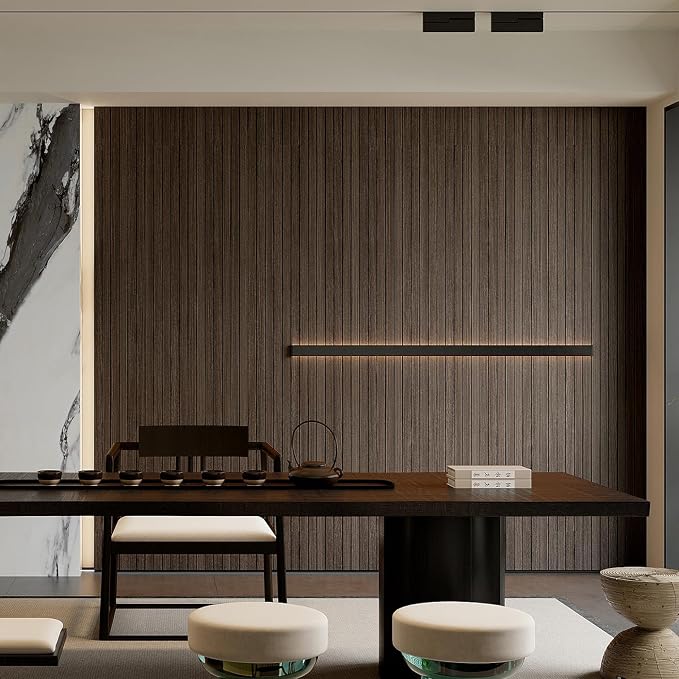 YU LI 3DH Peel and Stick PVC Slat Wall Panel 236"x15.75" Self-Adhesive Thick Faux Smoked Wood Grain Wallpaper Panel 3D Soundproof Wall Panels for Walls & Ceilings