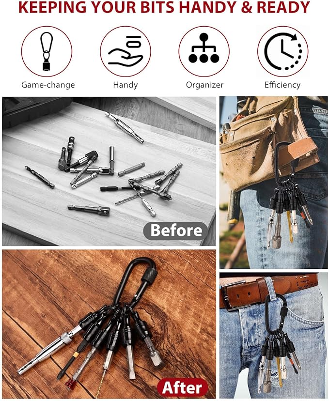 katerk 6pcs Bit Holder with Carabiner Socket for Mens Gift, 1/4 inch Hex Shank Aluminum Alloy Screwdriver Bit Holders, Quick Release Easy Change Impact Driver Drill Bit Keychain Extension (Black)