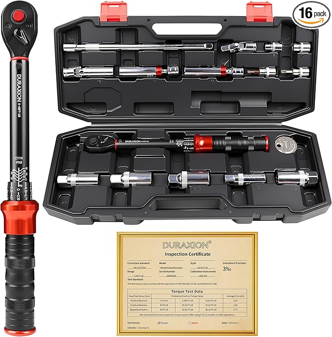 16PCS 3/8" Drive Torque Wrench with Magnetic Spark Plug Socket Set | ±3% Precision Dual Direction Torque Wrenches with 72-Tooth Dual Range Scales with Ft.Lbs and N.m(5-45ft.lb/6.8-61Nm)