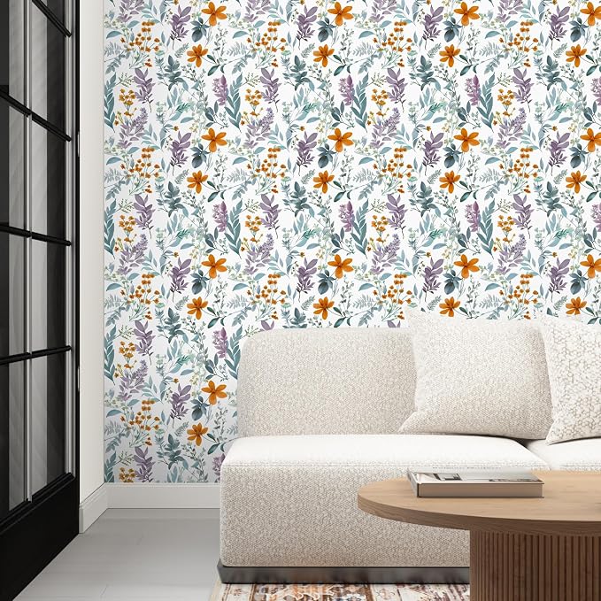 Blue Leaf Wallpaper Peel and Stick,Vintage Purple/Orange Floral Contact Paper 17.5" x 118",Botanical Wall Paper Self Adhesive Removable Waterproof for Room Bedroom Walls Shelves Cabinet Table Decor