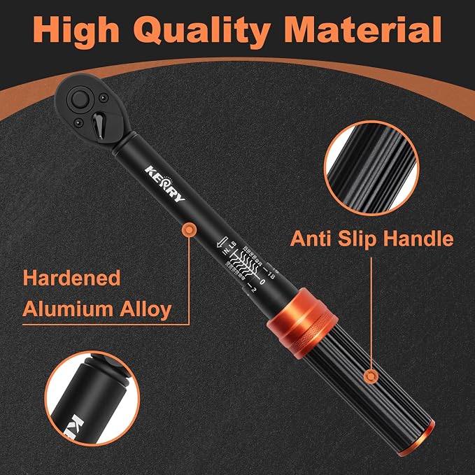 Kerry 1/4 Inch Drive Click Torque Wrench, 20-240 in-lb/2.3-27.1 Nm | ±3% Accuracy, Dual Scale, 72-Tooth Reversible Ratchet, Quick Release and Locking Adjustment with Case for Bicycle Maintenance