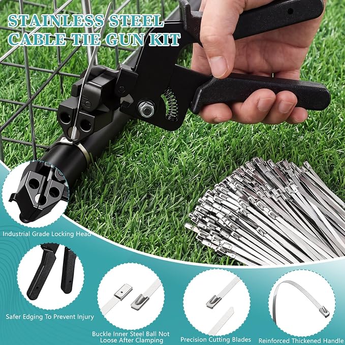 LEIFIDE 500 Pcs Metal Zip Ties Gun Kit, 11.8 Inch 304 Stainless Steel Metal Zip Cable Ties, Heavy Duty Self Locking 220 Pound Tensile Strength Cable for Exhaust Wrapping Fence Outdoor Workshop (Black)