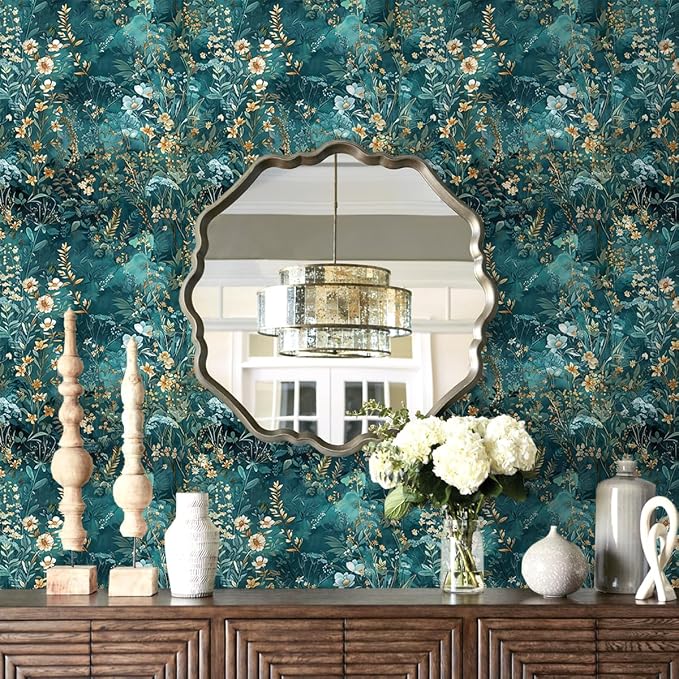 Floral Peel and Stick Wallpaper Teal Contact Paper 17.3in x 393in | Botanical Self Adhesive Wallpaper Vintage Floral Decor Vinyl for Bathroom Cabinets Teal Flower Removable Wall Paper Roll