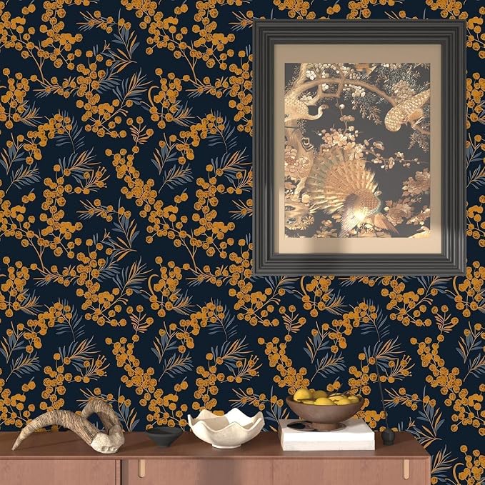 Dark Gold Floral Leaf Vintage Wallpaper Peel and Stick 17.5" × 393" | Self Adhesive/Removable/Waterproof/Thick Vinyl Contact Paper for Bathroom Bedroom Shelf Cabinet Drawer,Prepasted,Easy Peel