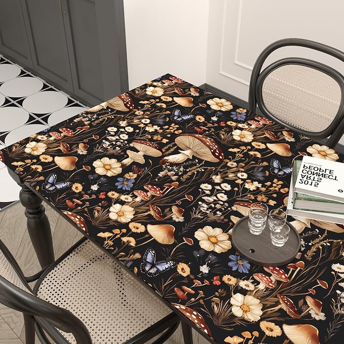 BOKEBEVE Mushoroom Wallpaper Peel and Stick Boho Black Brown 17.5 x 118In | Removable Self Adhesive Renter Friendly Vintage Floral Wall Paper for Bedroom Bathroom Cabinet Drawer Feature Accent Wall