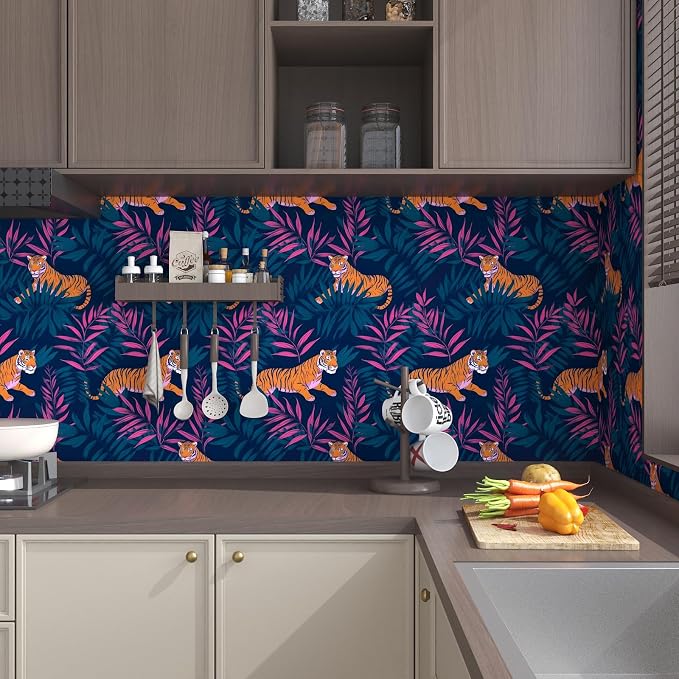 Dark Blue Vintage Tiger Peel and Stick Wallpaper 17.5" x 118" | Waterproof Vinyl Self Adhesive Removable Renter Friendly Floral Contact Paper