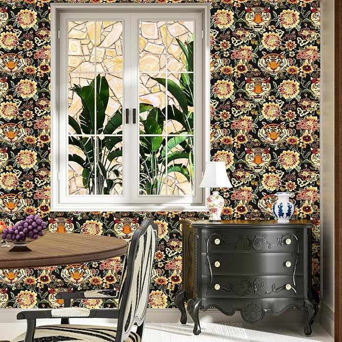 Yellow Gold Vintage Tiger Peel and Stick Wallpaper 17.5" x 787" | Waterproof Vinyl Self Adhesive Removable Renter Friendly Floral Contact Paper