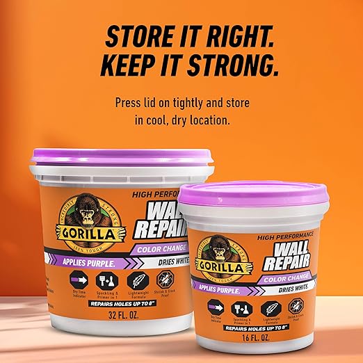 Gorilla High Performance Wall Repair Color Change, 16 Ounce Tub, Applies Purple, Dries White – Spackling & Primer in One, Shrink & Crack Resistant