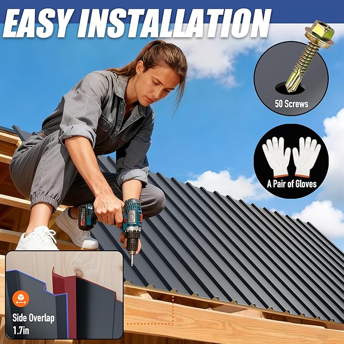 Brakki Metal Roofing Panels 10pcs 52.4 ft², L42.52"xW17.72" Grey Corrugated Galvanized Steel Roof Panels with Screw, Heavy Duty Metal Siding Suitable for Garages Chicken Coop Sheds Stables Patio