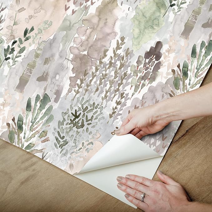 RoomMates RMK12331PLW Taupe Watercolor Tree Mosaic Peel and Stick Wallpaper, Beige/Grey