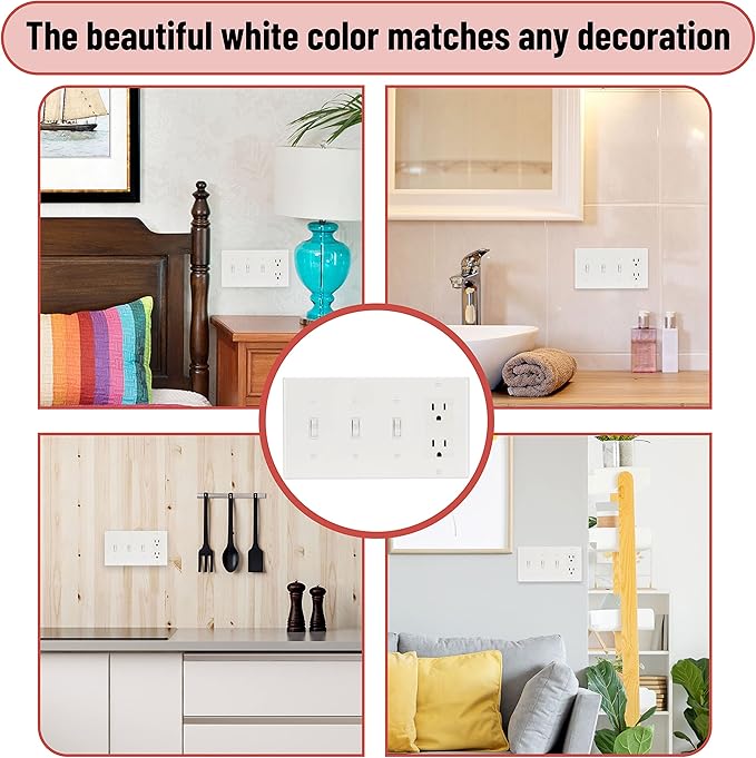 Bates- Combination Wall Plate, 2 Pack, 3-Toggle/1-Decorator, White Light Switch Cover Plate, Switch Covers, Outlet Plate Cover, Wall Plate Cover, Wall Plates, 4 Gang Switch Plate