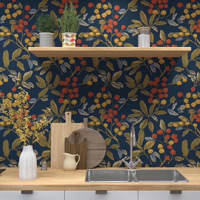 Navy Floral Leaf Vintage Green Wallpaper Peel and Stick 17.5"x393.7" | Self Adhesive/Removable/Waterproof/Thick Vinyl Contact Paper for Bathroom Bedroom Shelf Cabinet Drawer,Prepasted,Easy Peel