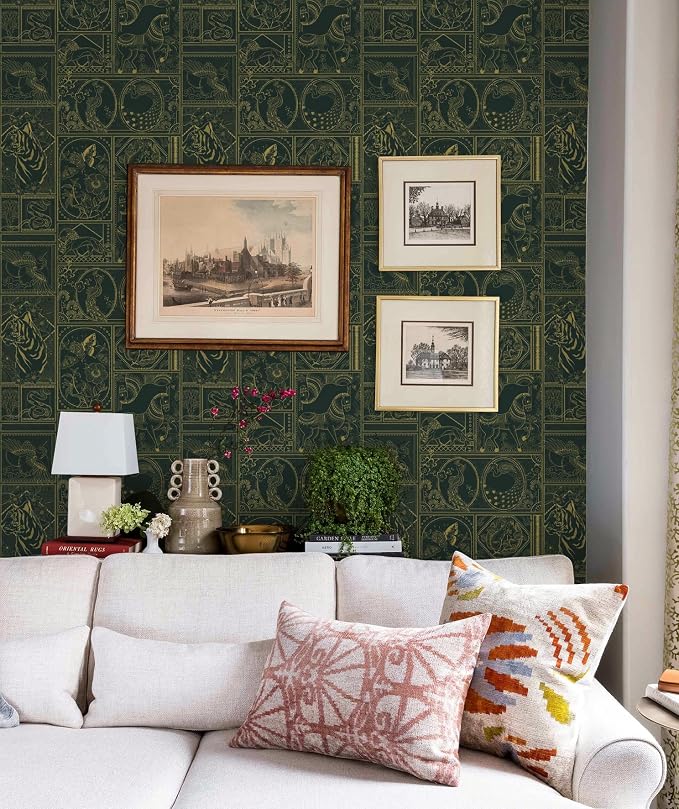 Erfoni 394"x17.7" Vintage Peel and Stick Wallpaper Green and Gold Contact Paper Peel and Stick Removable Animal Pattern Wall Paper DIY Waterproof Self Adhesive Wallpaper for Accent Wall Covering