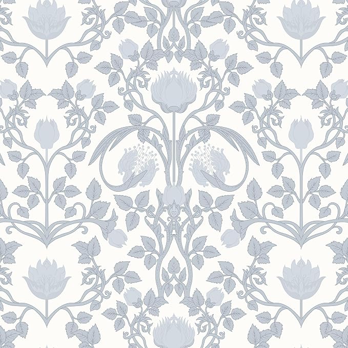 YXTII 590.5" × 17.3" Blue Floral Peel and Stick Wallpaper, Damask Vintage Wallpaper for Bedroom Bathroom Self Adhesive Removable