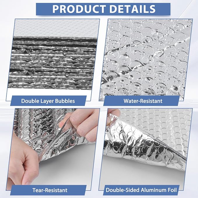 FONUNO Reflective Bubble Insulation Sheet Garage Door Insulation Kit | 6MM Thick Reflective Insulation Roll Garage Door Insulation Panels for Windows RV Roof Attic Wall (24IN X 60IN, 8 PCS)