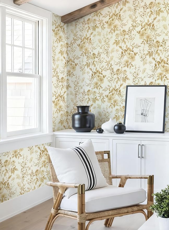 Erfoni 16.9" x197" Yellow Brown Floral Peel and Stick Wallpaper Boho Floral Leaf Contact Paper Flower Self Adhesive Wall Paper DIY Removable Decoration Wallpaper for Livingroom Accent Wall Covering