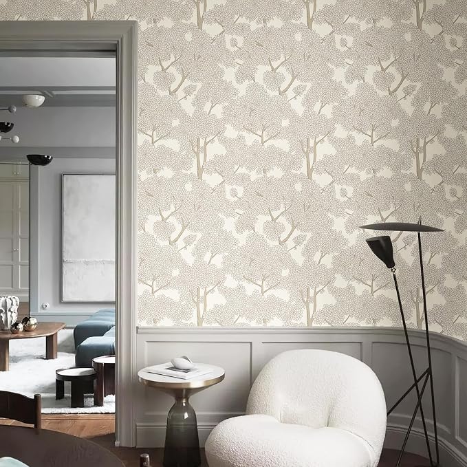 JiffDiff Tree Wallpaper Peel and Stick Jungle Wall Paper Forest Mural Stick on Wallpaper Modern Waterproof Self Adhesive Contact Paper (17.3" x 1200" Cream)