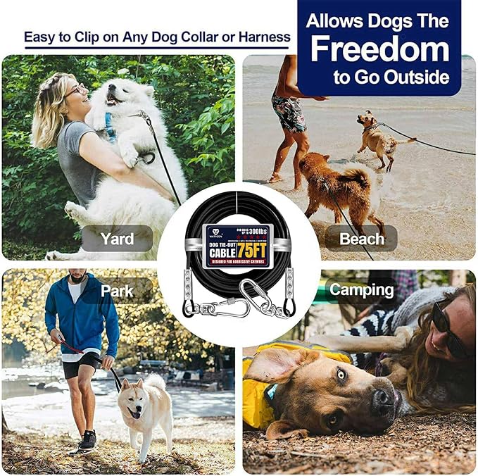 75Ft Dog Tie Out Cable, Dog Leads for Small to Large Pets Up to 300 Pounds, 5mm Heavy Duty 1000lbs Break Strength Galvanized Braided Steel Pet Outdoor Leash Cable