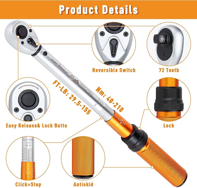 CARTMAN 1/2-Inch Drive Click Torque Wrench, Dual Range Moto Repair Tool Set | Dual range click torque wrench with quick release, reversible ratchet, calibrated accuracy for MTB, e-bike, and moto fix use.