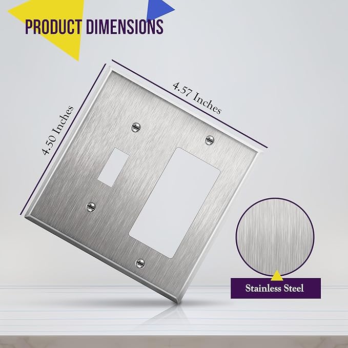 ENERLITES Combination Toggle Light Switch or Decorator Switch Metal Wall Plate, Corrosive Resistant, Size 2-Gang 4.50" x 4.57", 771131, 430 Stainless Steel, UL Listed, Silver