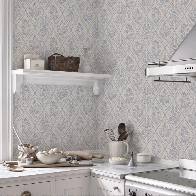 Toduso Peel and Stick Wallpaper Vintage Wall Paper Boho Contact Paper Blue Removable Wallpaper for Kitchen Bathroom Bedroom Floral Waterproof Self Adhesive Vinyl Drawer Decor 17.3"x78.7"