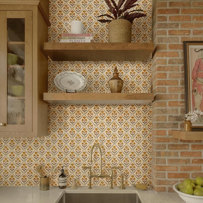 Dimoon 394"x17.3" Peel and Stick Wallpaper Floral Cute Contact Paper Vintage Village Country Cottage Wallpaper Farmhouse Yellow Beige Renter Friendly Geometry Waterproof Embossed Kitchen Bedroom