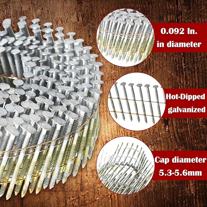 findmall 3600 Count Siding Nails 1-3/4 Inch by .092 Inch 15 Degree Ring Shank Hot-Dipped Galvanized Collated Wire Coil
