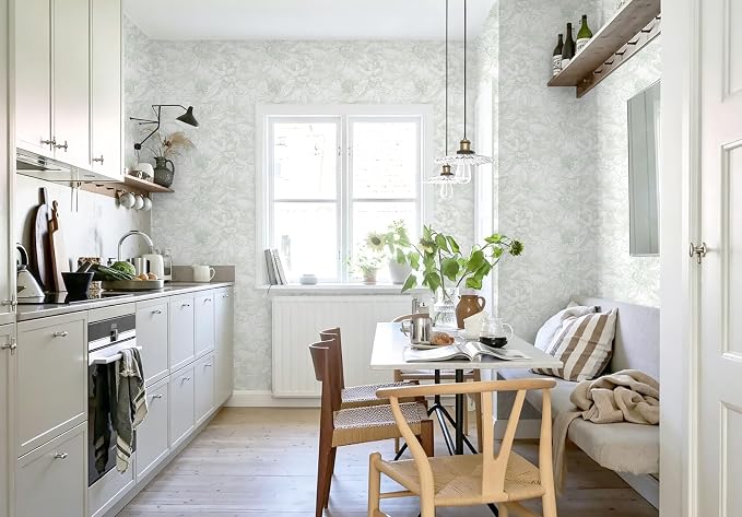 118"x17.3" Peel and Stick Wallpaper Green Floral Contact Paper White Boho Modern Wallpaper Removable Self Adhesive Flower Wall Paper for Kitchen Bathroom Bedroom Cabinets Thicken Vinyl Roll