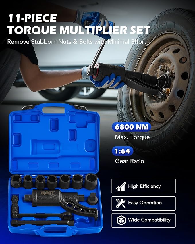 OMT 11pc 1" Drive Torque Multiplier Wrench Set, 6800 Nm Lug Nut Remover | 1:64 Labor Saving Ratio; 5015 Ft-Lb; 8 Sockets 21-38mm; 10.4" Extension Bar; Heavy Duty Tool For Semi Trucks, RVs, Buses
