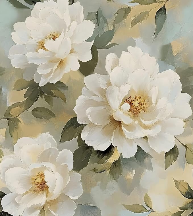 White Floral Wallpaper Peel and Stick,Oil Painting Beige Peony Contact Paper 17.5" x 393",Modern Watercolor Flower Wall Paper Self Adhesive Waterproof Removable for Girl Bedroom Shelve Cabinet Drawer