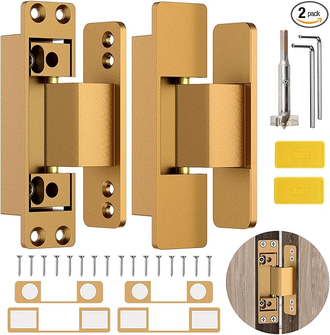 4.5" Hidden Door Hinge/Invisible Door Silent Door Hinge 110 Degree Swing Hinge 2-Way Adjustable Butt Hinge 4.5 x 2 x 1 (2, Gold)