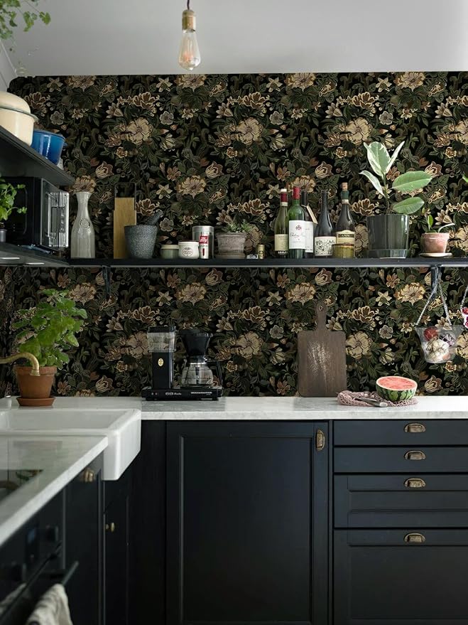 Dimoon 17.3"x393" Dark Wallpaper Peel and Stick Moody Vintage Victorian Floral Contact Paper Green Gothic Wallpaper for Bedroom Flower Leaf Yellow Renter Friendly Wall Paper Removable Vinyl Roll