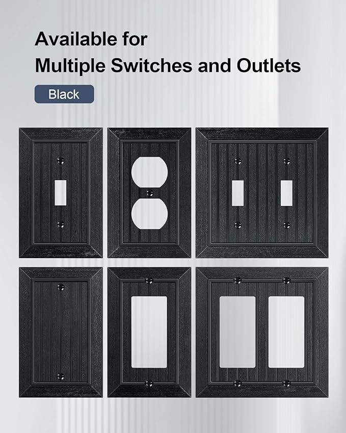 4-Pack Classic Beadboard Decorator Wall Plate Cover, Matte Black Decorative Switch Plates and Outlet Covers, Durable Unbreakable Polycarbonate Wall Plate for Electrical Outlet, Receptacle, GFCI Outlet